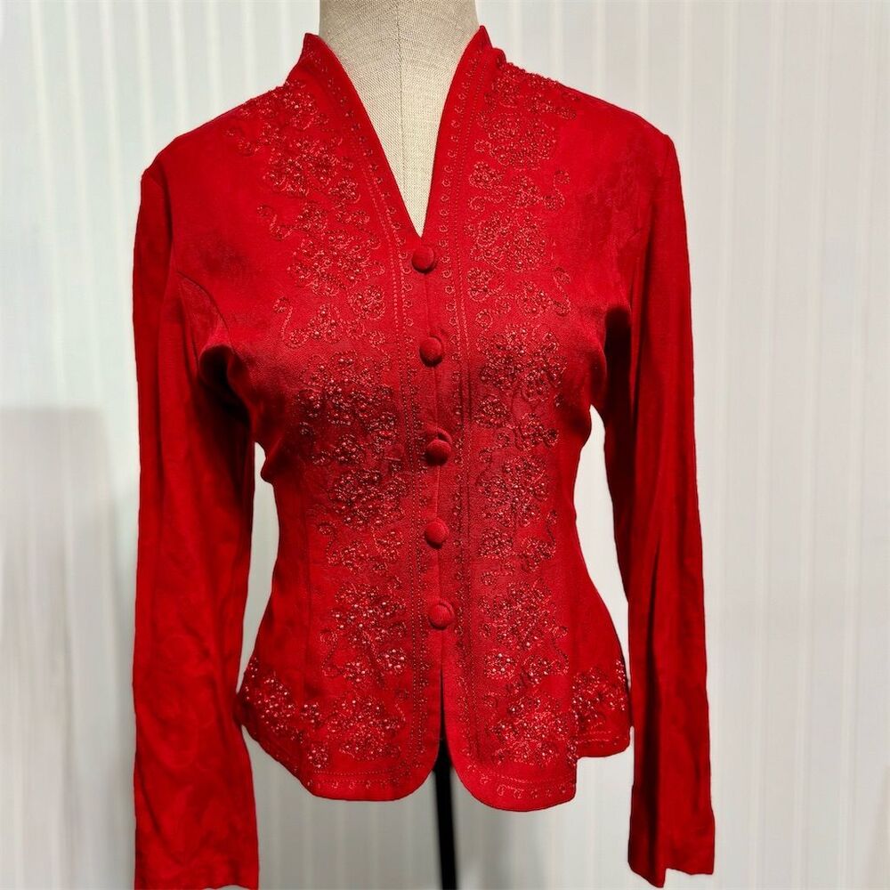 VTG Karin Stevens Petites Red Beaded Embroidered Jacket‎ Blazer 8P 10P Holiday